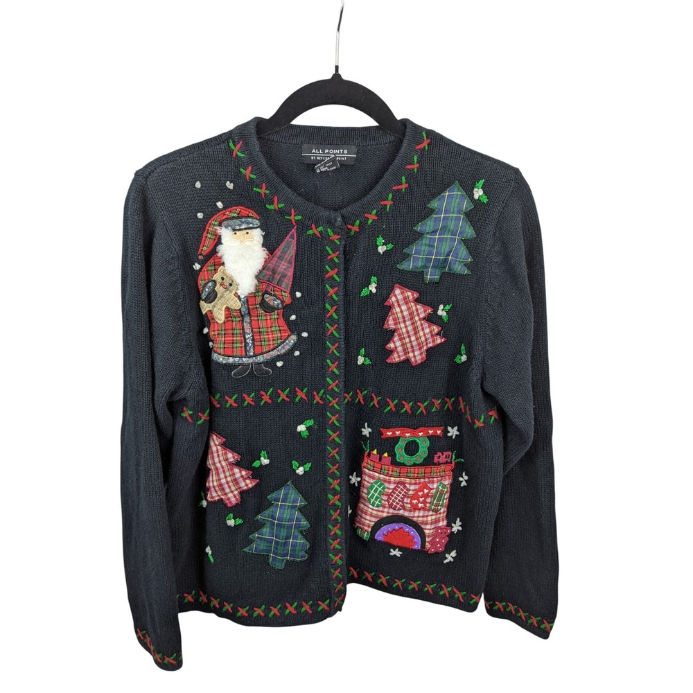 All Points Reference Point Black Christmas Cardigan Santa Patchwork Sweater M